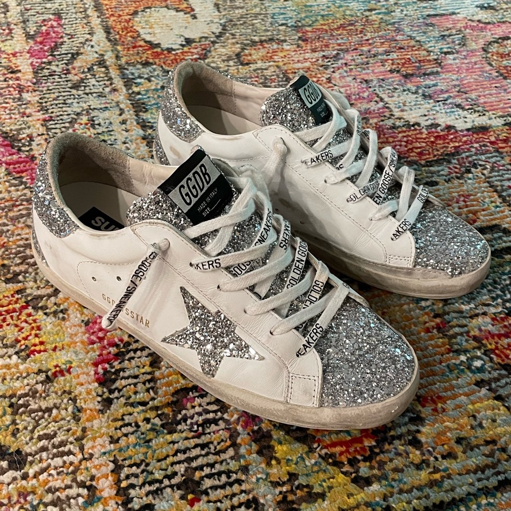 Silver Sparkle Golden Goose Superstar Classic with Spur Size 39